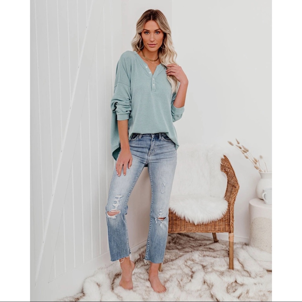LAST ONE - MAGGIE RELAXED KNIT HENLEY TOP SAGE - Picture 7 of 10